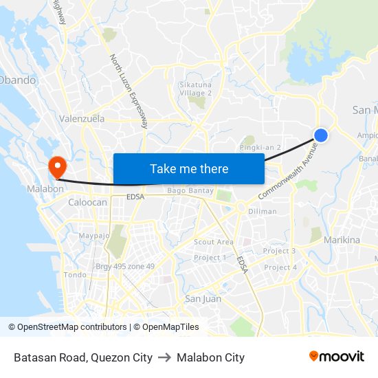 Batasan Road, Quezon City to Malabon City map