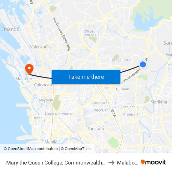 Mary the Queen College, Commonwealth Avenue, Quezon City to Malabon City map