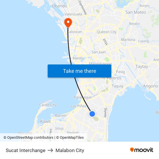 Sucat Interchange to Malabon City map