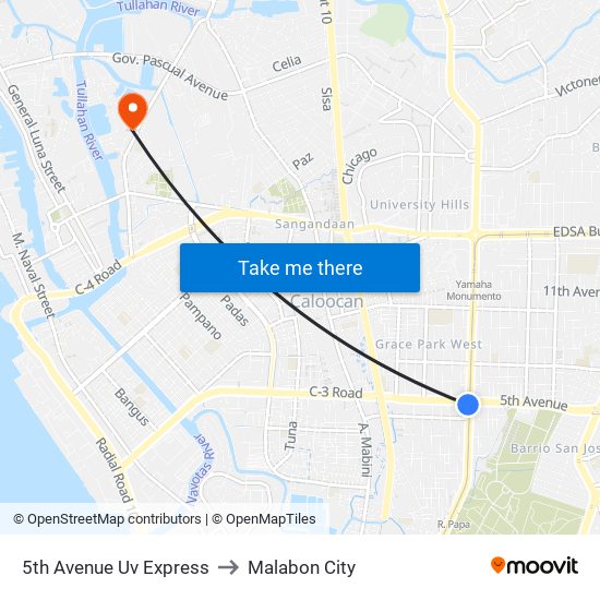 5th Avenue Uv Express to Malabon City map