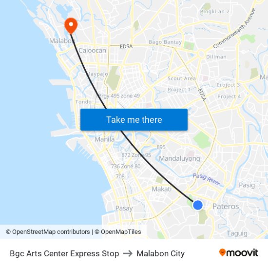 Bgc Arts Center Express Stop to Malabon City map