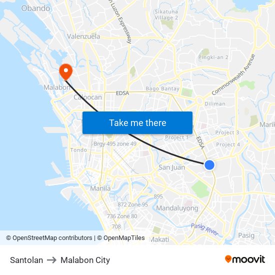 Santolan to Malabon City map