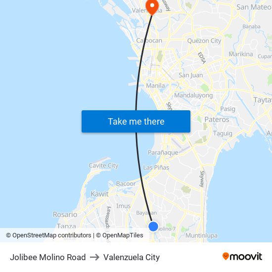 Jolibee Molino Road to Valenzuela City map