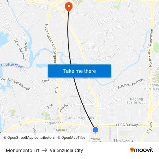 Monumento Lrt to Valenzuela City map