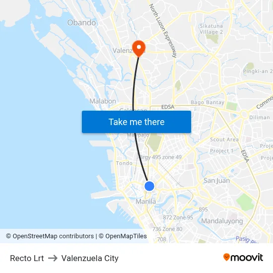 Recto Lrt to Valenzuela City map
