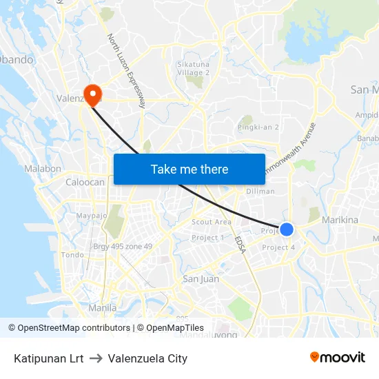 Katipunan Lrt to Valenzuela City map