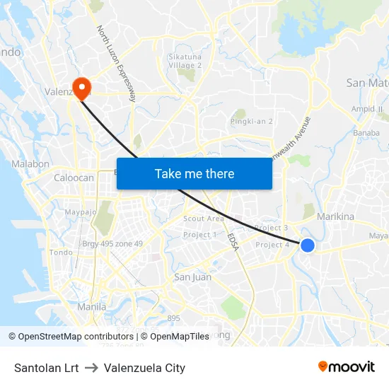 Santolan Lrt to Valenzuela City map