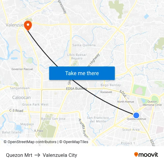 Quezon Mrt to Valenzuela City map