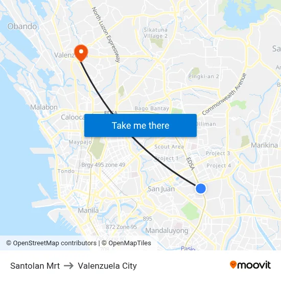 Santolan Mrt to Valenzuela City map