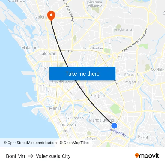 Boni Mrt to Valenzuela City map