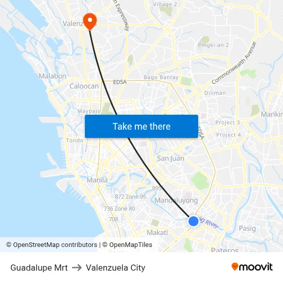 Guadalupe Mrt to Valenzuela City map