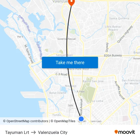 Tayuman Lrt to Valenzuela City map