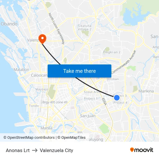Anonas Lrt to Valenzuela City map