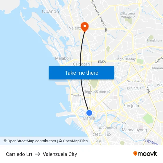 Carriedo Lrt to Valenzuela City map
