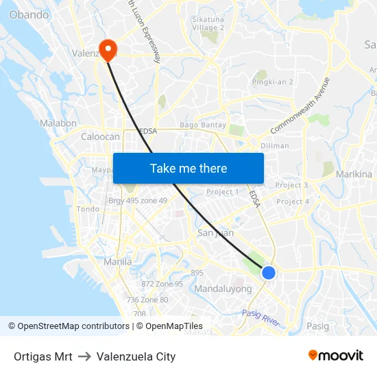 Ortigas Mrt to Valenzuela City map
