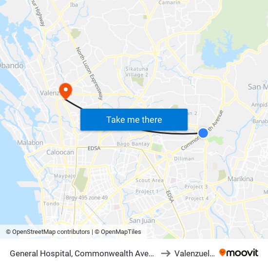 General Hospital, Commonwealth Avenue, Quezon City to Valenzuela City map
