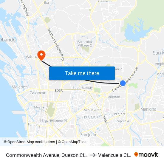 Commonwealth Avenue, Quezon City to Valenzuela City map