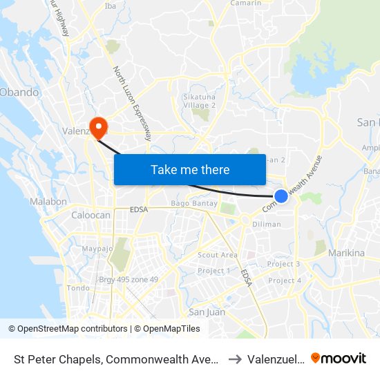 St Peter Chapels, Commonwealth Avenue, Quezon City to Valenzuela City map