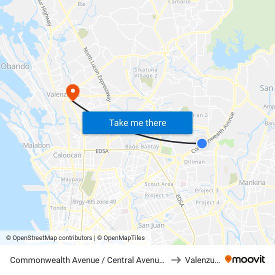 Commonwealth Avenue / Central Avenue Intersection, Quezon City to Valenzuela City map