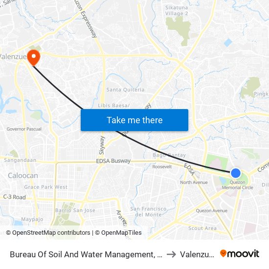 Bureau Of Soil And Water Management, Elliptical Rd, Quezon City to Valenzuela City map