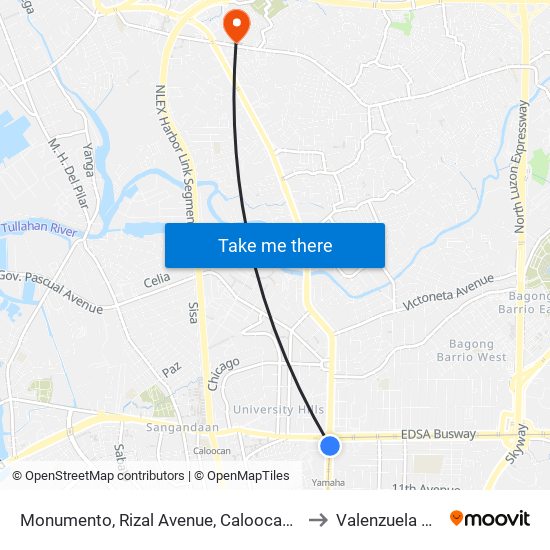 Monumento, Rizal Avenue, Caloocan City to Valenzuela City map