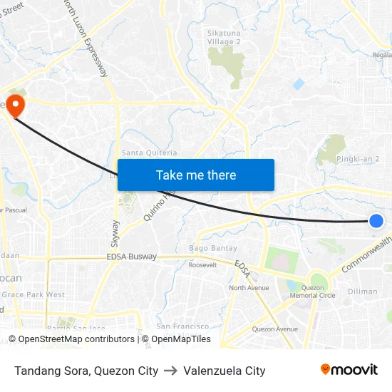 Tandang Sora, Quezon City to Valenzuela City map
