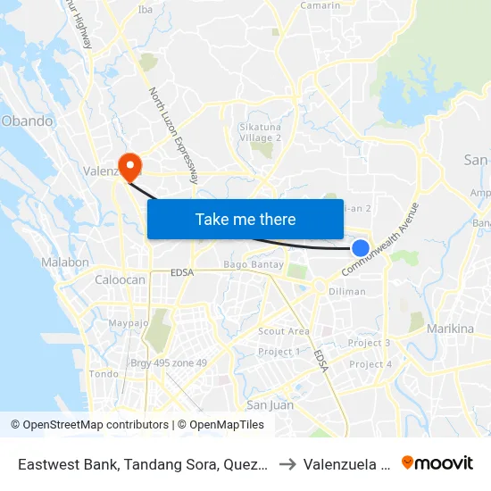 Eastwest Bank, Tandang Sora, Quezon City to Valenzuela City map