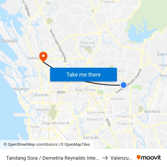 Tandang Sora / Demetria Reynaldo Intersection, Quezon City to Valenzuela City map