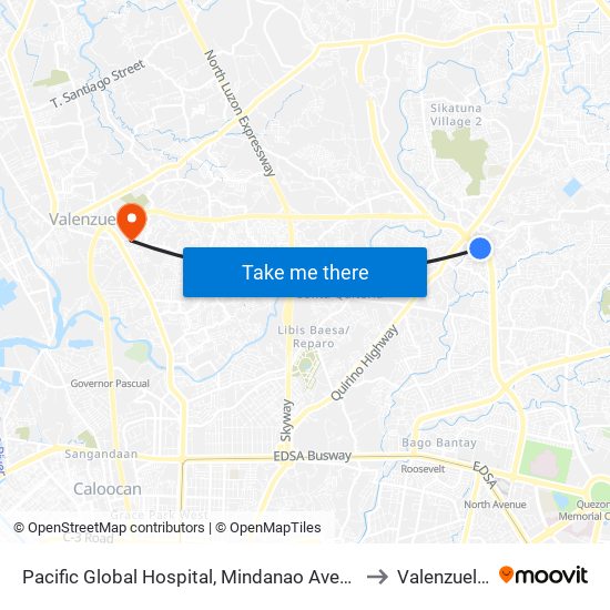 Pacific Global Hospital, Mindanao Avenue, Quezon City to Valenzuela City map
