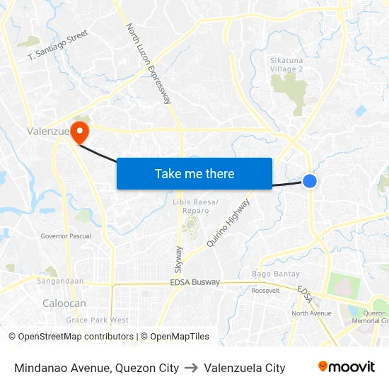 Mindanao Avenue, Quezon City to Valenzuela City map