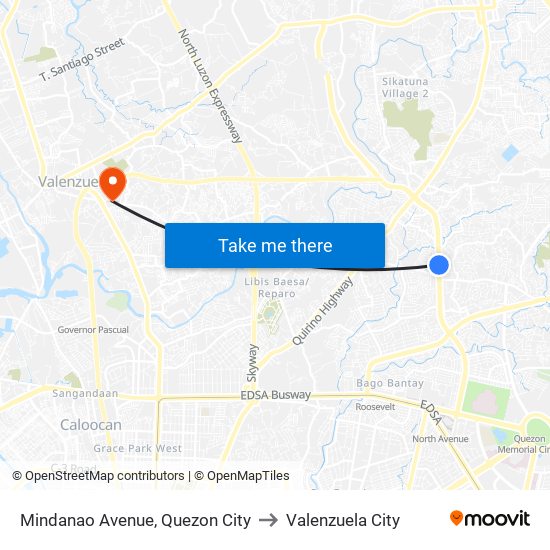 Mindanao Avenue, Quezon City to Valenzuela City map