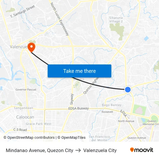 Mindanao Avenue, Quezon City to Valenzuela City map