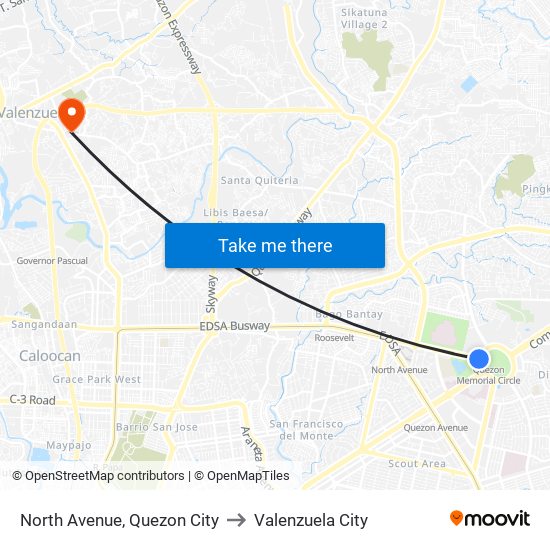 North Avenue, Quezon City to Valenzuela City map