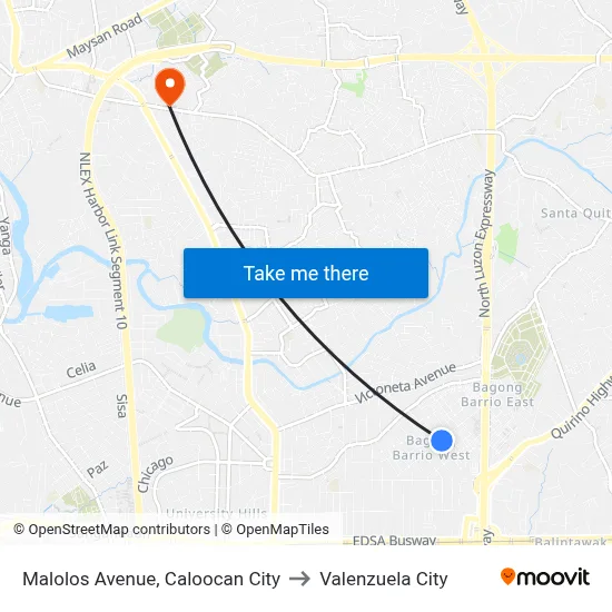 Malolos Avenue, Caloocan City to Valenzuela City map