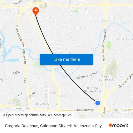 Gregoria De Jesus, Caloocan City to Valenzuela City map