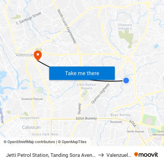 Jetti Petrol Station, Tanding Sora Avenue, Quezon City to Valenzuela City map