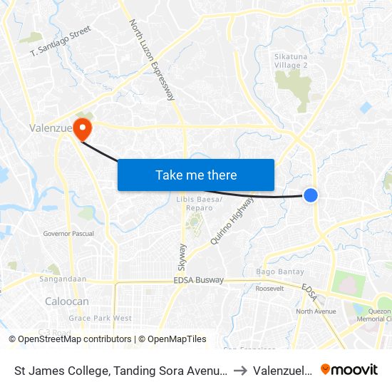 St James College, Tanding Sora Avenue, Quezon City to Valenzuela City map