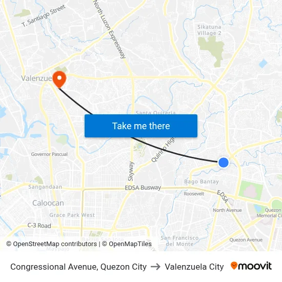 Congressional Avenue, Quezon City to Valenzuela City map