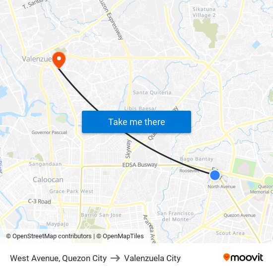 West Avenue, Quezon City to Valenzuela City map
