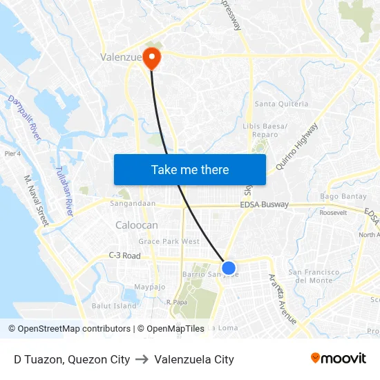 D Tuazon, Quezon City to Valenzuela City map