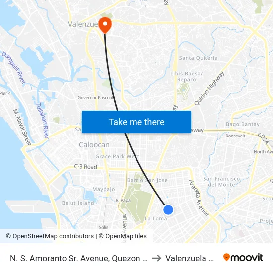 N. S. Amoranto Sr. Avenue, Quezon City to Valenzuela City map