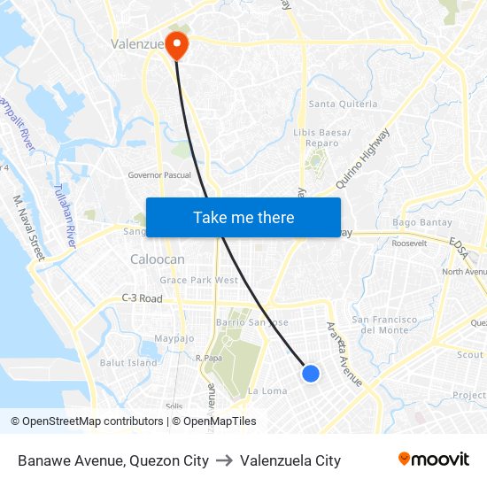 Banawe Avenue, Quezon City to Valenzuela City map