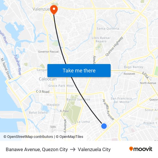 Banawe Avenue, Quezon City to Valenzuela City map