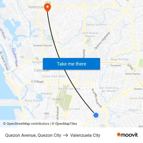 Quezon Avenue, Quezon City to Valenzuela City map