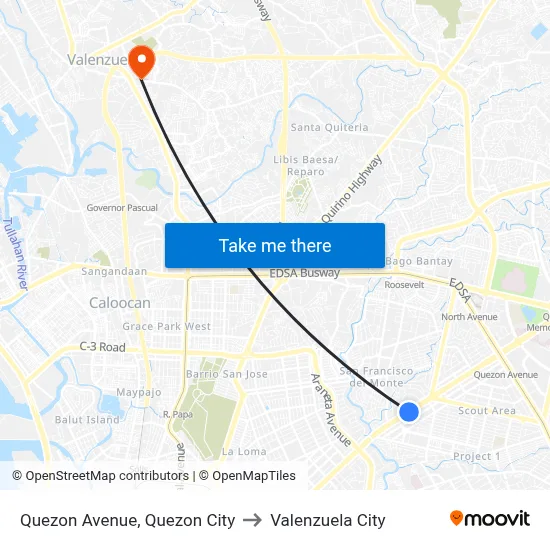 Quezon Avenue, Quezon City to Valenzuela City map