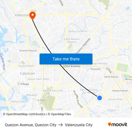 Quezon Avenue, Quezon City to Valenzuela City map