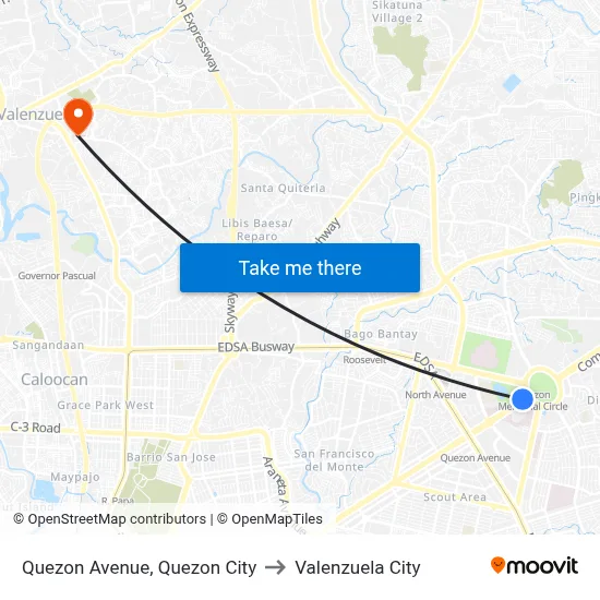 Quezon Avenue, Quezon City to Valenzuela City map