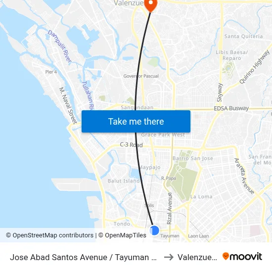 Jose Abad Santos Avenue / Tayuman Road, Quezon City to Valenzuela City map