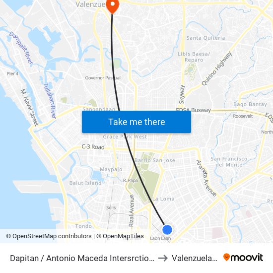 Dapitan / Antonio Maceda Intersrction, Manila to Valenzuela City map