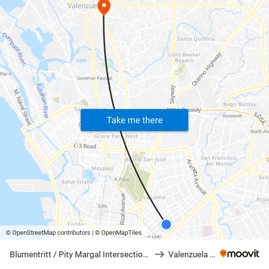 Blumentritt / Pity Margal Intersection, Manila to Valenzuela City map